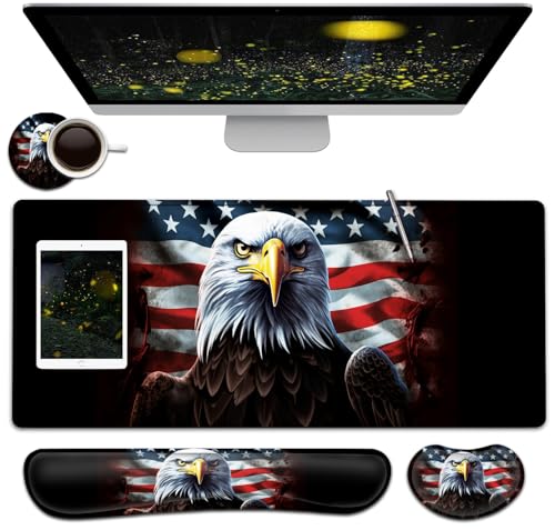 Large Mouse Pad + Keyboard Wrist Rest Set, Extended Gaming Mousepad (31.5X11.8 inch), Ergonomics Memory Foam Mouse Wrist Rest Support, Vintage USA Flag American Eagle Flag Pattern XXL Desk Pad - color: Yu-Mouse Pad-3-B43