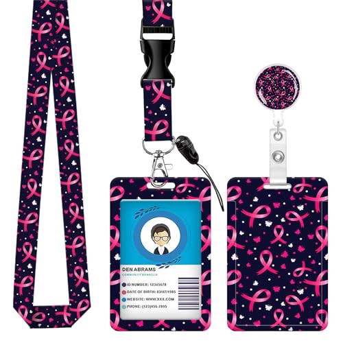 ID Badge Holder with Lanyard Fashionable ID Card Holders with Retractable Lanyards Soft Fiber Metal Clip Sturdy Buckle for Key Wallet Work Nurse Teacher (Cute Pink Ribbon) - color: Cute Pink Ribbon