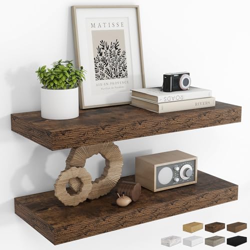 RICHFOCUS 24Inch Floating Shelves for Wall 2 Pack Shelves for Bedroom|Kitchen|Bathroom Wall Mounted Rustic Wood Floating Shelf with Invisible Brackets for Books|Storage|Decor, Rustic Brown - color: Rustic Brown, size: 23.6"L x 8"D, Set of 2