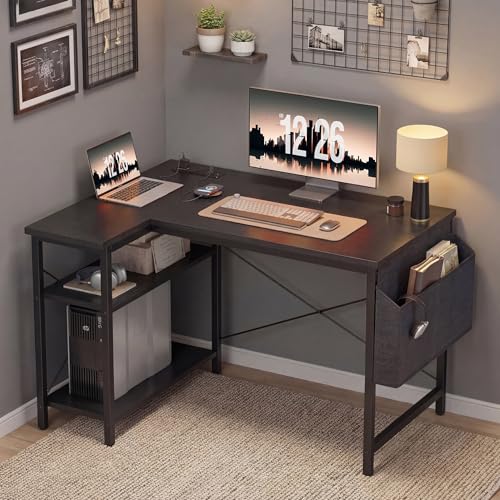 TIQLAB Gaming Desk with Power Outlets - 40 inch L Shaped Computer Desk, Reversible Design Small Corner Desk, Bookshelf Workstation for Work Study Play Home Office, Black - color: Black, size: 40 Inch