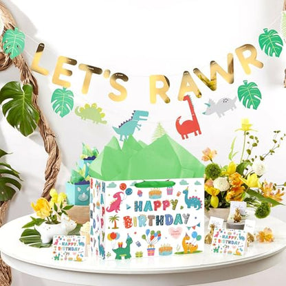 Hooqict Large Dinosaur Gift Bag Happy Birthday Gift Bag with Handles, Wrapping Tissue Paper and Greeting Cards for Kids Boys 1st 2nd 3rd Dinosaur Birthday Party Supplies Baby Showers - color: Dinosaur