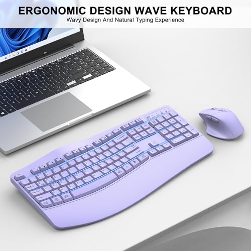 Wireless Keyboard and Mouse Combo, 2.4G Full Size Wave Keys Ergonomic Keyboard with Wrist Rest and 3-Level DPI Adjustable Wireless Ergonomic Mouse for Windows, Mac OS Desktop/Laptop/PC(Purple) - color: purple
