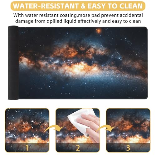 Galaxy Starry Sky Desk Mat Large Mouse Pad Gaming Mousepad 31.5 x 15.8 in | Desk Pad for Keyboard and Mouse, Large Non-Slip Rubber Base Mousepad Desk Mat with Stitched Edges for Gaming Office - color: Galaxy