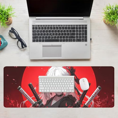 Anime Samurai Girl Gaming Mouse Pad Red Moon Gothic Large Desk Mat with Stitched Edges,Non-Slip Waterproof Rubber Base Mouse Mat Office Computer Keyboard Laptop 31.5"x11.8" - color: Anime Samurai Girl