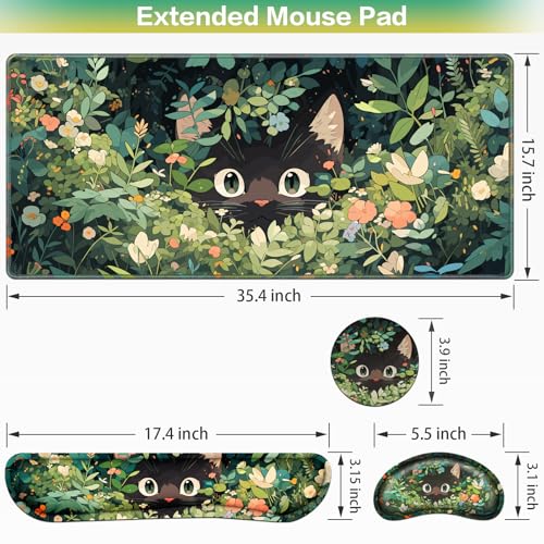 Mouse Pad Anime, Mouse Pad with Wrist Rest, 4-in-1 XXL Large Desk Mat Kawaii Mousepad with Gel Wrist Support Keyboard Wrists Rest Coaster, Ergonomic Gaming Cat Desk Pad, Funny Cute Office Accessories - color: Curious Cat
