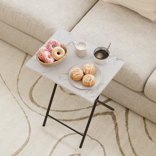 Folding TV Tray Table Set of 2, Portable Foldable TV Dinner Tray, Space-Saving Snack Serving Sofa Side Table, Easy to Fold Stable TV Trays for Living Room, Bedroom, Small Spaces (White Marble + Black) - color: White Marble + Black, size: 2 PCS
