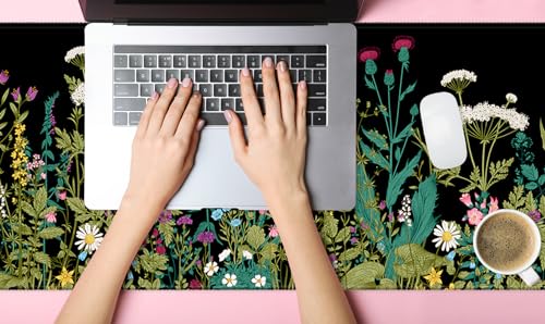 Extended Desk Mat (31.5x11.8 inch 3mm Thick), iDonzon Soft Cute Extra Large XXL Waterproof Gaming Mouse Pad with Non-Slip Rubber Base & Stitched Edges, for Working/Game, Garden Flowers - color: Black