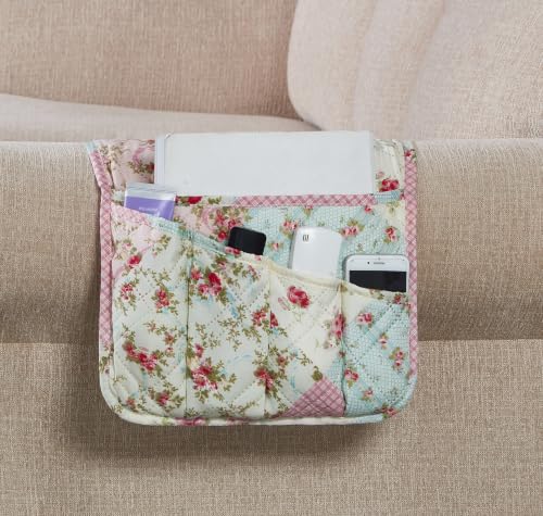 Brilliant Sunshine Patchwork Couch Armrest Organizer, Pink Green (35×13") | Non Slip Armchair Caddy for Sofa Recliner, Washable Remote Controls Holder, Storage for Magazine, Phone, iPad - color: Pink Green