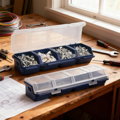 4 Pack Parts Organizer Box, 4 Compartment Hardware Storage Bin with Translucent Lid & Secure Lock, Heavy Duty PP Plastic Screw Bolt Nut Container, Stackable for Garage Workshop Workbench, Blue