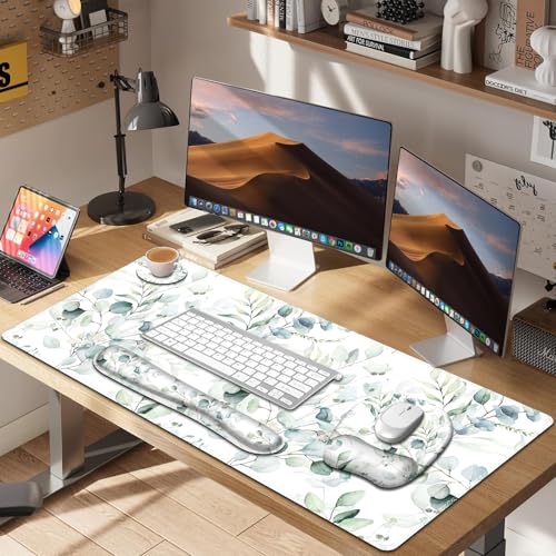 Large Mouse Pad with Wrist Support 4in1 Set, XXL Big Game Mousepad +Keyboard Wrist Rest+Mouse Wrist Rest+Coaster with Ergonomic Design Gaming Mat for Home Office Computer I Eucalyptus Branches - color: Eucalyptus Branches