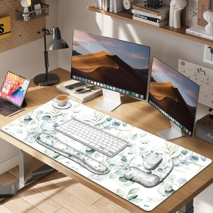 Large Mouse Pad with Wrist Support 4in1 Set, XXL Big Game Mousepad +Keyboard Wrist Rest+Mouse Wrist Rest+Coaster with Ergonomic Design Gaming Mat for Home Office Computer I Eucalyptus Branches - color: Eucalyptus Branches