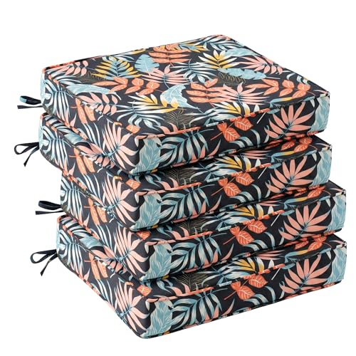 UNIKOME Outdoor Chair Cushions Set of 4, Water Resistant Patio Seat Cushions with Ties for Outdoor Furniture, High-Density Foam, UV & Fade Resistant, Piped Edge – 18.5" x 16" x 3", Colorful Leaves - color: 10 Colorful Leaves, size: 18.5" W X 16" D X 3" H