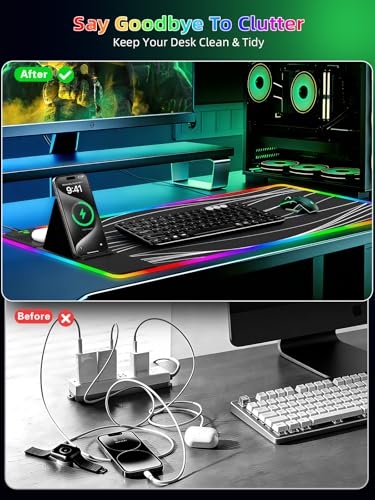 Mouse Pad with Foldable Phone Holder & Wireless Charger, XXL RGB Gaming Mousepad 31.5"x15.8" Large Desk Mat for Keyboard, Black Desk Pad with Dual Qi Charging Station | 11 Colors 5 Modes - color: Wave-Phone Holder-31.5"x15.8"