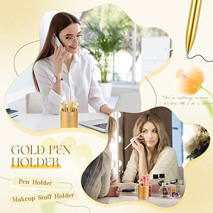 Sabary 8 Pcs Gold Pens with Pen Holder for Desk Glitter Crystal Diamond Cute Ballpoint Fancy Pencil Holder Bling Desk Organizer for Women Girls School Office Supplies Wedding Graduation Gifts - color: Gold