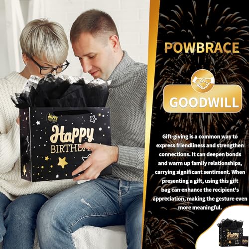 Powbrace Black Birthday Gift Bag with Tissue Paper and Greeting Card, 13'x10.2'x4.9', Medium (1-Piece Set, Black Starry Sky, Unisex, Includes Card, Ribbon, Crinkle Paper) - color: 1 PCS Black Gift Bag, size: 1 Count (Pack of 1)