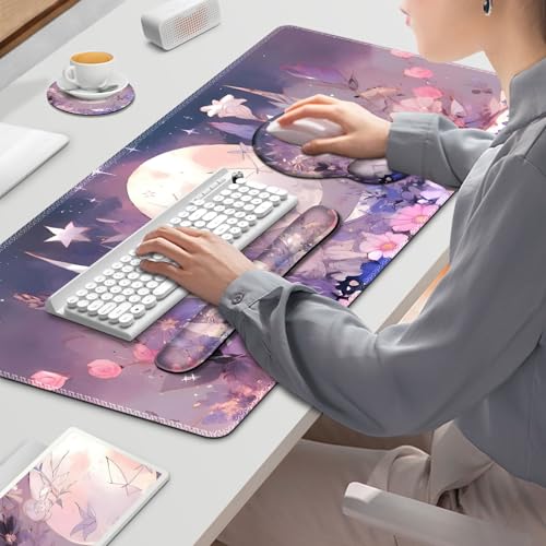 Large Desk Mat, Gaming Mouse Pad, Desk Pad Protector, XXL Mousepad + Keyboard Wrist Rest+Mouse Wrist Rest+Coaster Set with Ergonomic Desk Pad for Home Office PC Computer, Pastel Purple Flower Moon - color: Pastel Purple Flower Moon