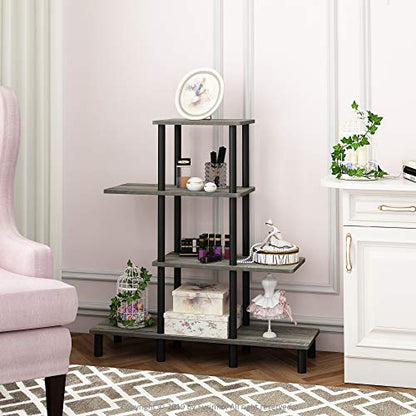 Furinno Turn-N-Tube 4-Tier Design Display Rack, French Oak Grey/Black - color: French Oak/Black, style: 4-Tiers, Ladder