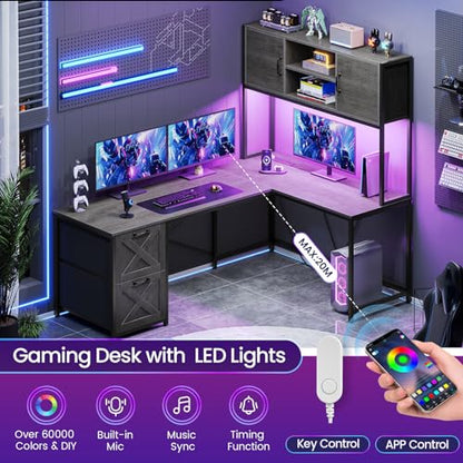SEDETA L Shaped Gaming Desk, Reversible Computer Desk with Fabric Drawers and Power Outlet, Gaming Desk with Led Lights, Hutch and Storage Shelf for Home Office, Grey - color: Grey