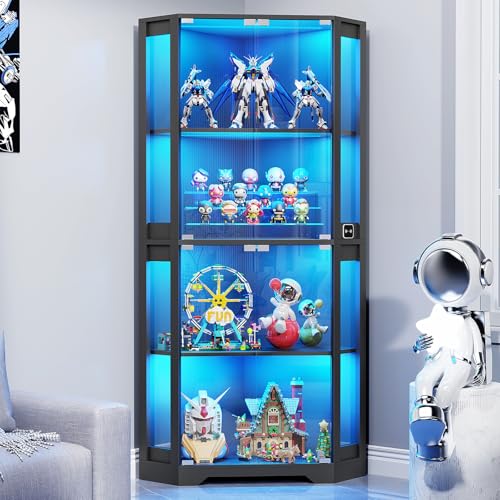 BROTTAR Corner Display Cabinet with Glass Doors, 65" Lighted Curio Cabinet with 3 Color LED Lights for Collectibles, 4-Tier Showcase Display Case with Human Body Sensor for Toys, Books, Black - color: Black