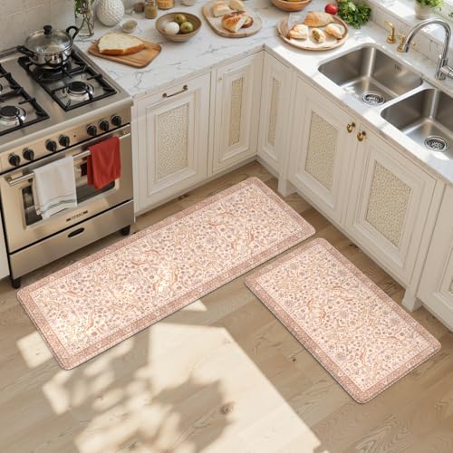 KIMODE Anti Fatigue Kitchen Mats for Floor, Boho Vintage Kitchen Rugs Sets of 2, Kitchen Floor Mats Cushioned Non Slip, Khaki Memory Foam Standing Mats for Laundry Office Sink Desk 17"x47"+17"x29" - color: Light Camel/Khaki, size: 17.3" x 47"+17.3" x 29"-