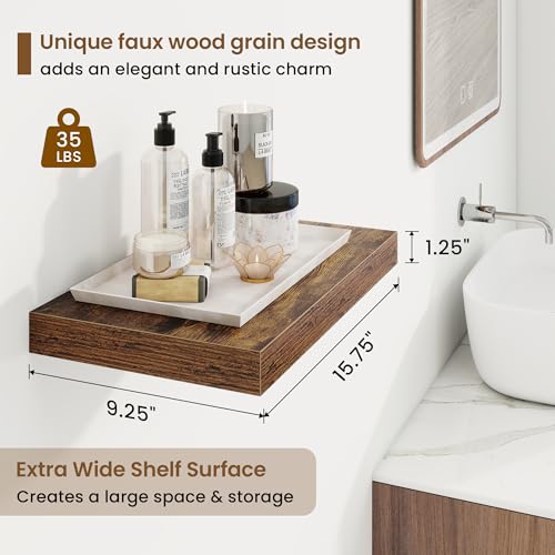 Marsmiles 16in Floating Shelves for Wall, 16" W x 9.25" D x 1.25" H, 2 Pack Long Wall Mounted Engineered Wood Shelves with Invisible Brackets, Rustic Brown - color: Rustic Brown With Invisible Metal Brackets, size: 16"W, 2 Packs