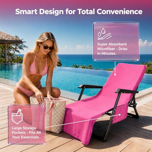 VOCOOL Lounge Chair Towel Cover Beach Chair Covers Towel 85 x 30 inch | Pool Chair Cover with Side Pockets, Chaise Lounge Cover, for Sunbathing Lounger Hotel Garden Holiday Garden Pool, Pink - color: Pink