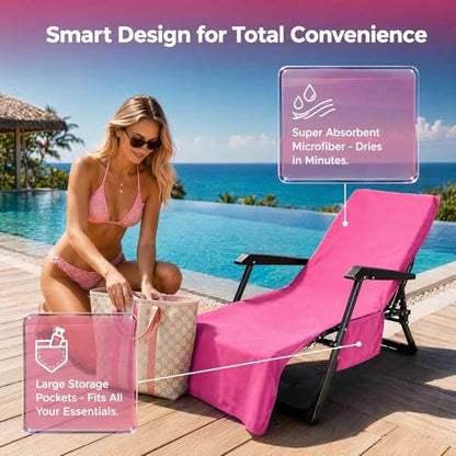VOCOOL Lounge Chair Towel Cover Beach Chair Covers Towel 85 x 30 inch | Pool Chair Cover with Side Pockets, Chaise Lounge Cover, for Sunbathing Lounger Hotel Garden Holiday Garden Pool, Pink - color: Pink