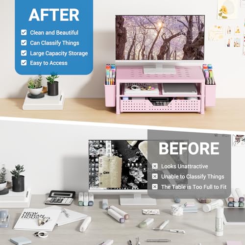 OPNICE Laptop Stand for Desk Organizer and Accessories, 2-Tier Computer Monitor Stand Riser with Drawer and 2 Pen Holders, Ventilated Perforated Steel Top, Office Desk Accessories for Home Office Supplies, Pink - color: Pink, size: Single