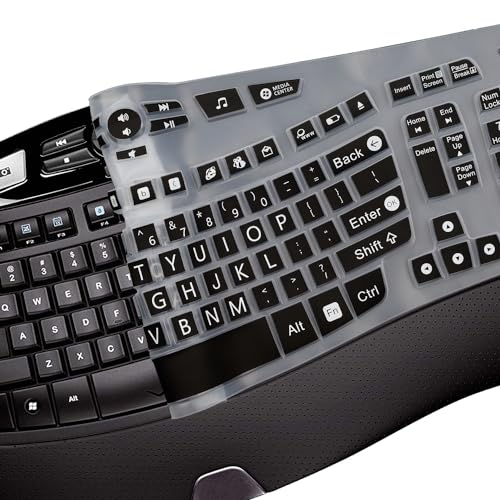 MUBUY-GOL Large Print Keyboard Cover for Logitech K350 Wireless Wave Keyboard, MK570, MK550; Black Silicone; Water Resistant, Dust Proof, Washable - color: black color