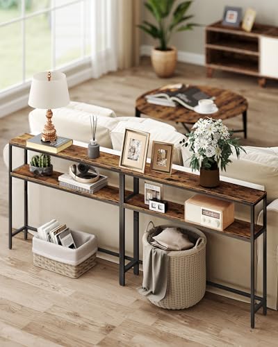 VASAGLE Console Table, 2-Tier Narrow Sofa Table with 2 Shelves, 7.9 x 39.4 x 31.5 Inches, for Living Room, Hallway, Entryway, Rustic Brown and Ink Black ULNT131K01V1 - color: Rustic Brown + Ink Black, size: 39.4"W - Without Power Outlet