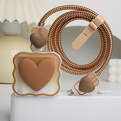 Compatible with iPhone 18W/20W USB-C Charger Cover Lovely 3D Love Heart Waves Clear Soft Charger Protector Cute Cable Saver for iPhone 11 12 13 14 Pro Max Fast Power Adapter, Brown 1 (5in1) - color: Brown 1 (5 in 1)