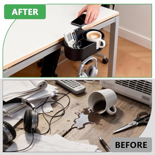 4 in 1 Desk Cup Holder Clamp on Under Desk Headphone Detachable Pen Cup Holder Hanger Caddy Organizer for Office Table, Lawn Chair, Pontoon Boat
