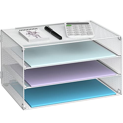 DALTACK 3 Tier Letter Tray Paper Organizer for Desk, Mesh Metal Desk File Organizer with Sliding Trays for Letter/A4 Paper, Mail, Bills & Folders, White - color: White