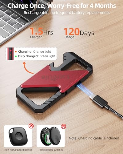 Keychain, Works with Apple Find My, Heavy Duty Keychain Bottle Opener, Carabiner Car Key Chains for Men & Women, Car Key Fob Holder, Anti-Lost Keys Tracker, Smart Keys Finder, Rechargeable, Red - color: Red