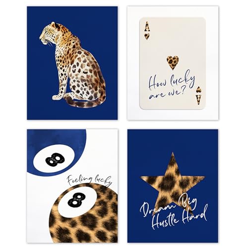 TLESKE Navy Blue Preppy Cheetah Leopard Posters Prints Unframed 8x10 Set of 4, Navy Blue Trendy Lucky 8 Balls Wall Art Prints Decor for Teen Girls Dorm Bedroom, Retro Cheetah Print Wall Pictures - color: navy blue cheetah, size: 10L" x 8W"
