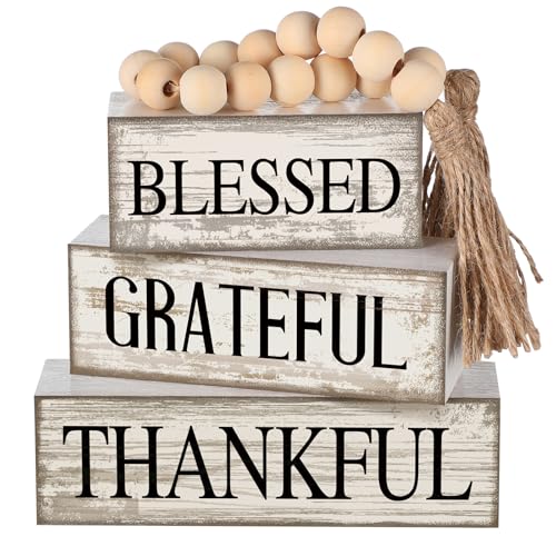 4 Pcs Farmhouse Wooden Tabletop Decor Neutral Farmhouse Tiered Tray Decor Rustic Retro Wood Bead Garland Blessed Grateful Thankful Block Sign Centerpiece for Coffee Home Office Shelf Mantle Table - style: Blessed