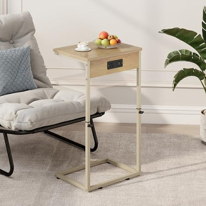 Vagusicc C Shaped End Table with Charging Station, Adjustable Height Side Table for Couch, Small Side Table, 33.2'' Tall Couch Tables that Slide Under, Tv Tray End Table for Living Room, Natural - color: Natural (1 Pack), style: With Plug