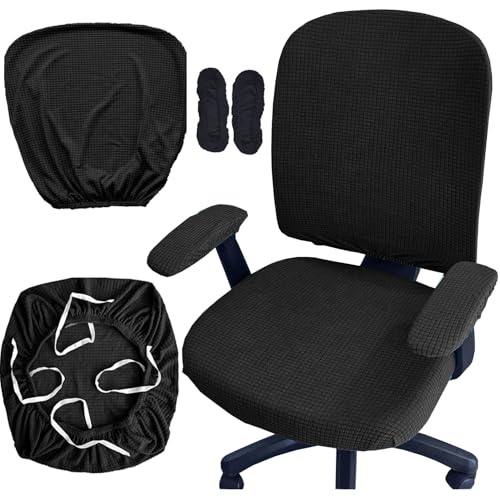HAPPYDOG 4 Pcs Office Chair Covers Set Stretchable Protective Rotating Computer Chair Seat Covers with Armrest Covers (Black) - color: Black