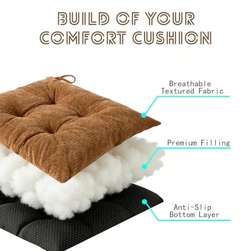 Chair Cushions for Dining Chairs, Seat Cushions for Kitchen Chairs | Chair Pads with Ties and Non Slip Backing (2, Caramel Brown, 16.5 x 16.5 x 2 inches) - color: Caramel Brown, size: 16.5 x 16.5 x 2 inches
