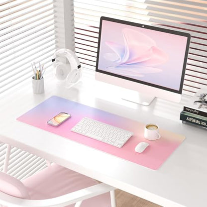 Colorful Star Large Mouse Pad Pink, Girly Desk Mat Aesthetic PU Leather Laptop Mat, 31.5" x 11.8" - color: Dreamy Pink Gradient, size: 31.5" x 11.8"