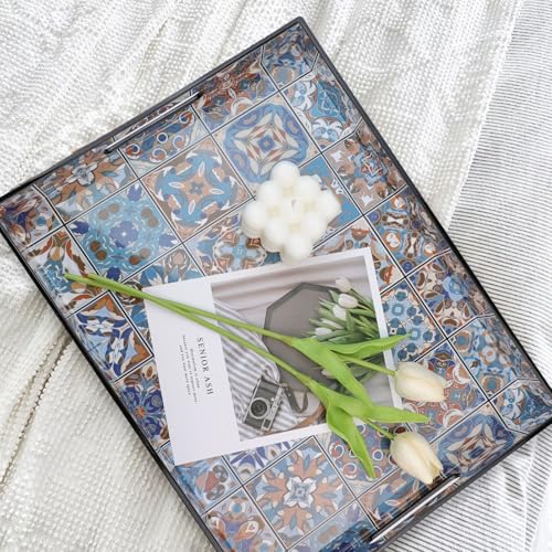Spsyrine Serving Tray with Handles, Plastic Decorative Tray for Coffee Table, Living Room, Home Decor,Boho - color: Multi Boho