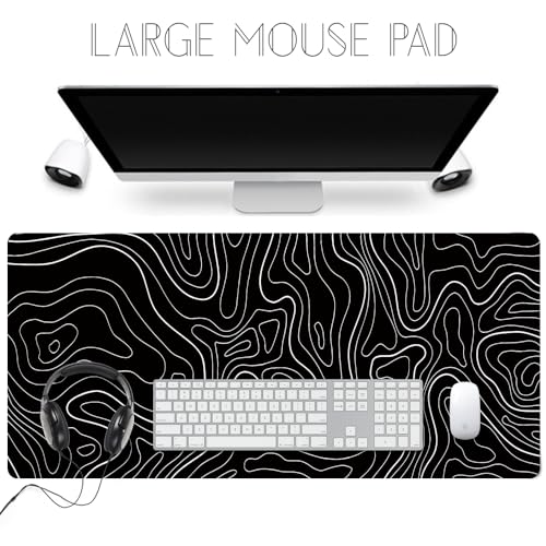 HGWALP Black Topographic Large Gaming Mouse Pad Extended XXL(900 * 400 * 3MM) Mouse Mat Long Desk Pad with Stitched Edges for Keyboard Home Office Gaming Work Big Desk Mat - color: Black TOPO