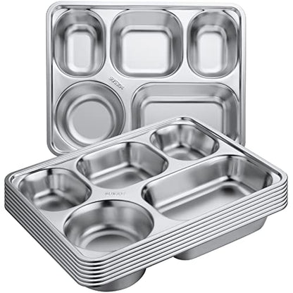 Foaincore 8 Pack 304 Stainless Steel Divided Plates Rectangular Portion Control Plates with Compartments Unbreakable Metal Food Tray for Lunch, Dinner, Camping, Heavy Gauge (5 Compartment) - style: 5 Compartment