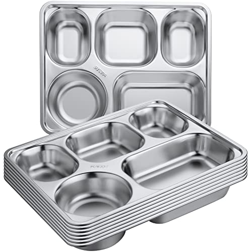 Foaincore 8 Pack 304 Stainless Steel Divided Plates Rectangular Portion Control Plates with Compartments Unbreakable Metal Food Tray for Lunch, Dinner, Camping, Heavy Gauge (5 Compartment) - style: 5 Compartment