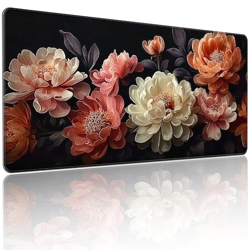 Extended Mouse Pad, Elegant Peony Floral Design, 35.4 x 15.7 Inch, Microfiber Surface, Non-Slip Base, Waterproof, Black with Coral and Cream Flowers - color: Floral Peony Design