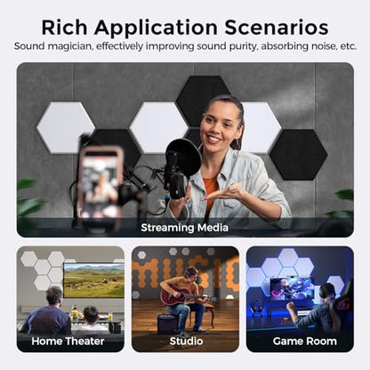 Self-Adhesive Acoustic Panels [390 lbs/yd³ Ultra-High Density], 2nd Generation Sound Absorbing Panel, Professional Level Sound Panel, Polyester Soundproof Foam [Medium Hexagon, White & Black] - color: White & Black, size: Medium Hexagon (12''x10''x0.4'')