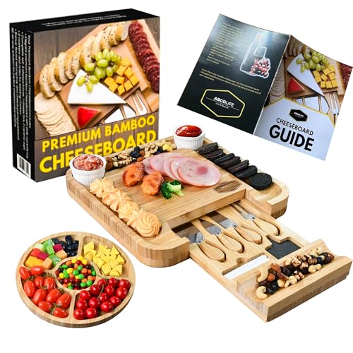 Charcuterie Board Cheese Board Set Portable Serving Platter for Cheese Meat, Fruits & Snacks with 4 Knives, 2 Bowls & Labeling Tool Perfect Housewarming Gifts for Women