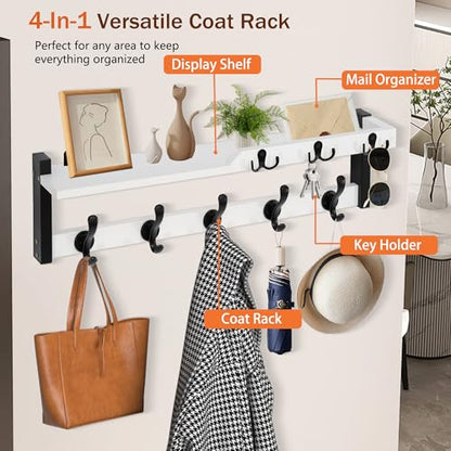 dreampossible 4 in 1 Coat Rack Wall Mount with Shelf, Coat Hooks 25.2" Entryway Coat Hanger with Key Hooks and Mail Holder, Wall Hooks with Shelf, Hat Rack for Wall Key Holder Mail Organizer - color: White