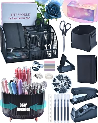LXEVIHK 20Pcs Black Desk Organizers and Accessories With Mesh Desk Organizer and 360°Rotating Pen Holder and a Lot of Office Black Office Supplies Beautifully Presented in a Gift Box - color: black