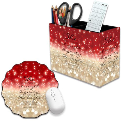 Pen Holder and Anti-Slip Mouse Pad Combination, Makeup Brush Storage Box, Tableware Storage Box, Suitable for Office and Home - Red Glitter Quote Proverbs 31-25 - color: Red Glitter Quote Proverbs 31-25